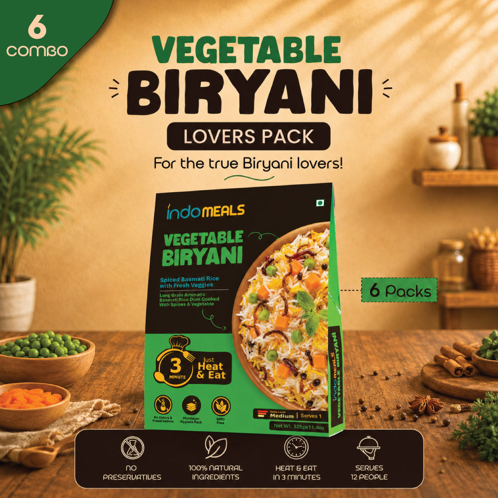 IndoMeals Biryani Lover’s Variety Pack – Ready-to-Eat Veg Biryani Combo (6 Packs)