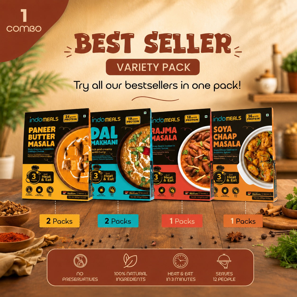 IndoMeals Best Seller Variety Pack – Ready-to-Eat Indian Meal Combo (6 Packs)