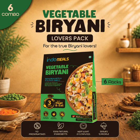 IndoMeals Biryani Lover’s Variety Pack – Ready-to-Eat Veg Biryani Combo (6 Packs)